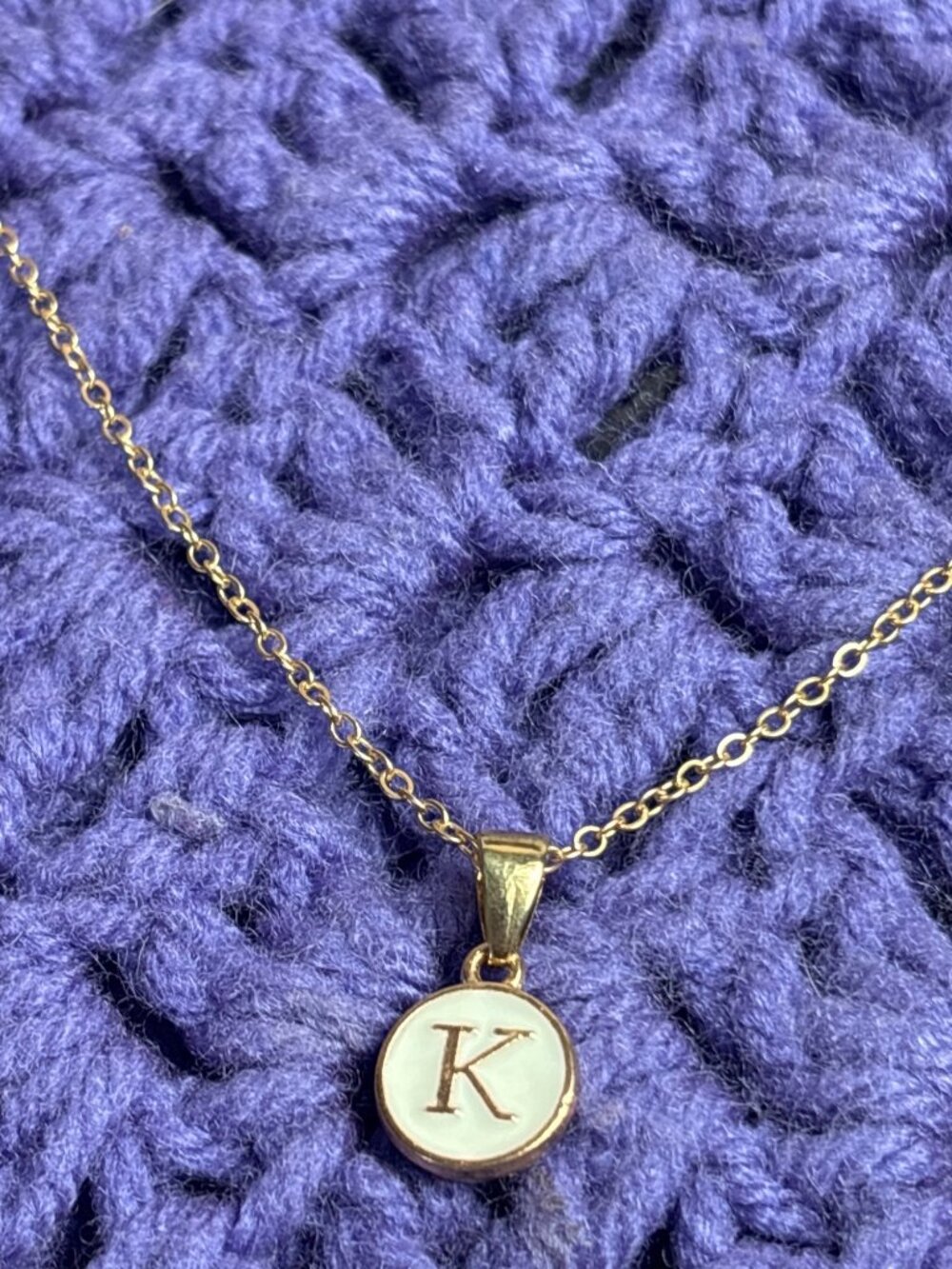K Initial Pendant Necklace Goldtone Cream Enamel 17 - 19 inches Long